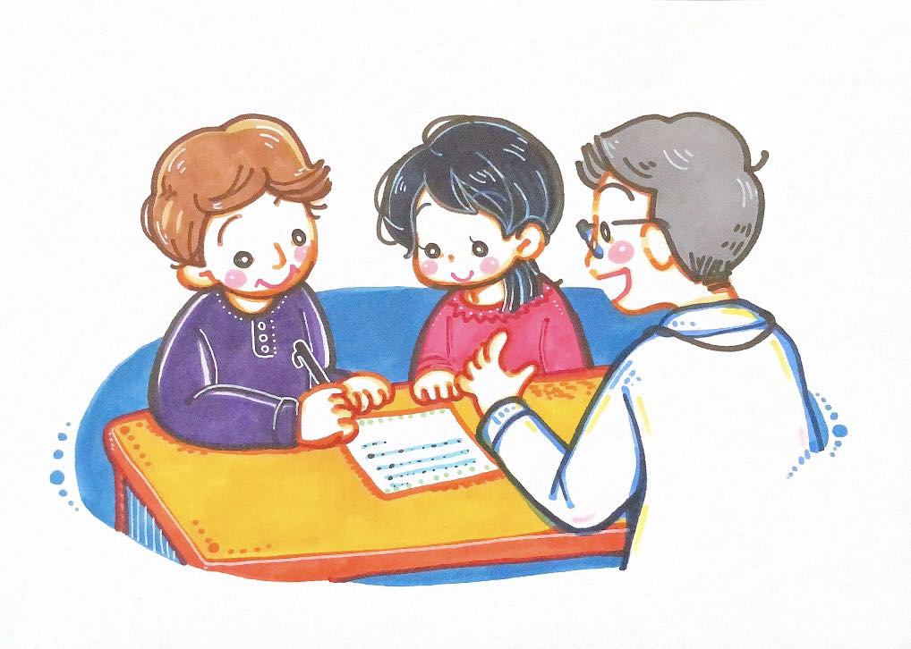 医師と向き合い、聴覚障害者の隣に要約筆記者が座って要約筆記を行います。