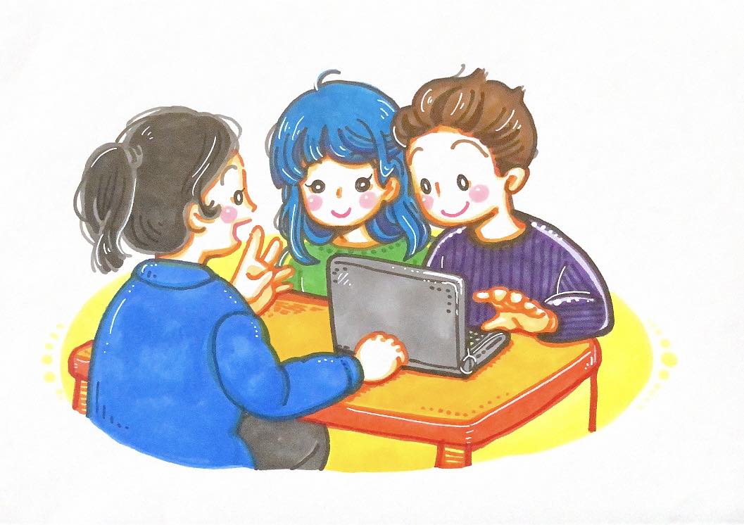 医師と向き合い、聴覚障害者と要約筆記者が隣に座って同じパソコンの画面を見ながら要約筆記を行います。